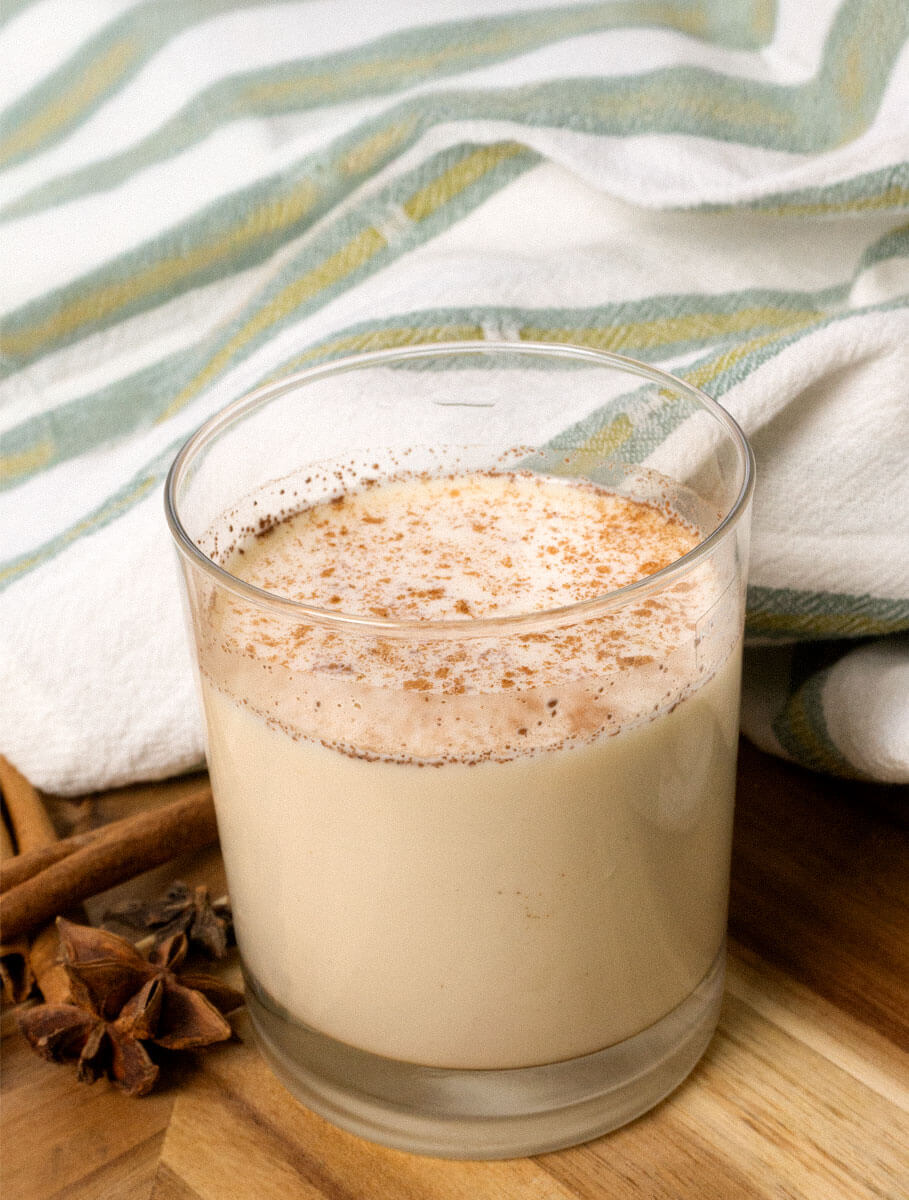 Horchata2-2 Horchata drink with cinnamon sticks and chinese star anise with napkin in wooden cutting board