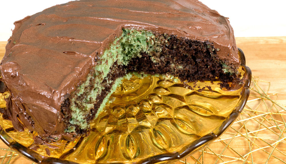 Marbled Cake on cake tray with chocolate frosting